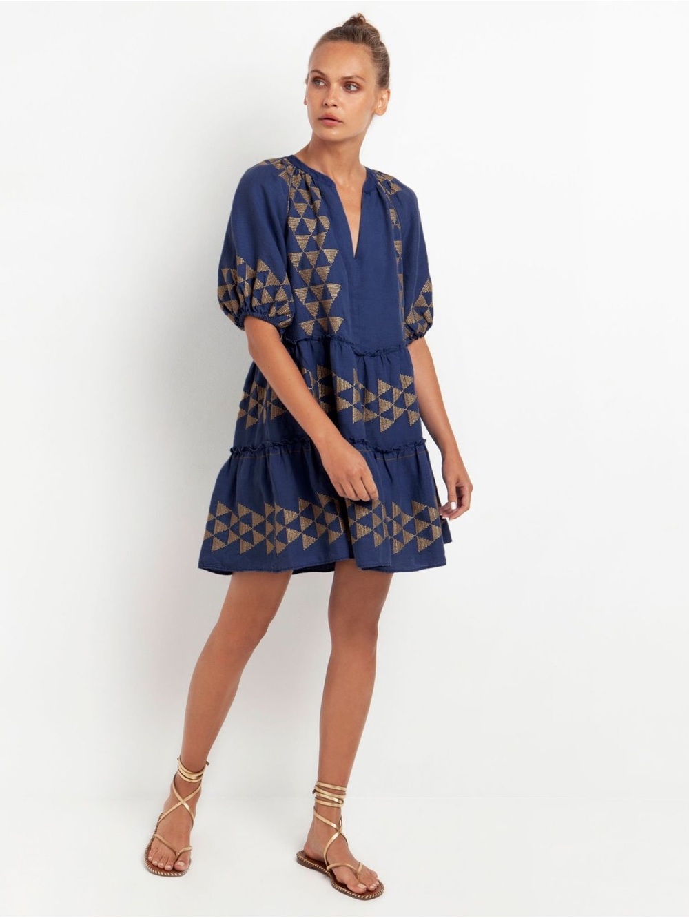 Greek Archaic Kori Linen dress - Sophia Arrow in blue and gold